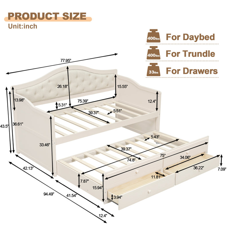 Twin Daybed with Trundle, Twin Size Daybed with 2 Storage Drawers, Wooden Sofa Bed with Upholstered Button Tufted Backrest for Living Room, Bedroom, Guest Room