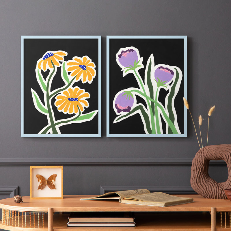 «Pop Flowers I», reproduction encadrée de qualité supérieure - prête à être accrochée - aucun clou requis - aucun clou requis