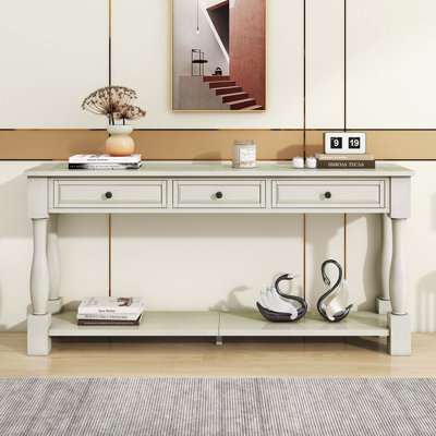 Console 63 po blanc antique avec tiroirs et tablette, convient au vestibule, au couloir et au salon