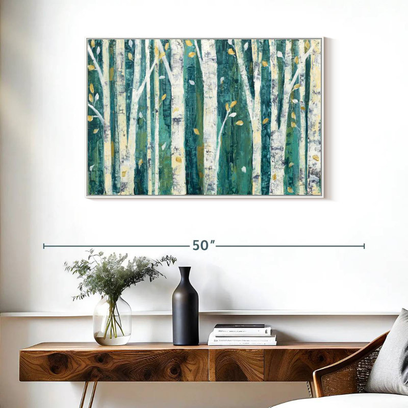 Bouleaux au printemps III, 37 po x 25 po, Cadre flottant blanc