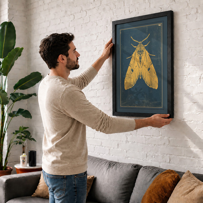 Golden Moth Study Botanical - Framed Print, A3 - 42.0 x 29.7 cm, White