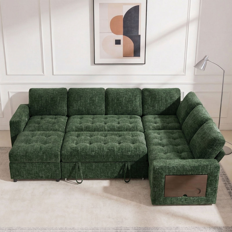 102" Modular Sectional Sleeper Sofa With Pull Out Bed/Reclining Backrest/Usb Ports/Table/Led Light/Storage Seat, 8 Seat Large U Shaped Sectional Couch, Tool-Free Assembly