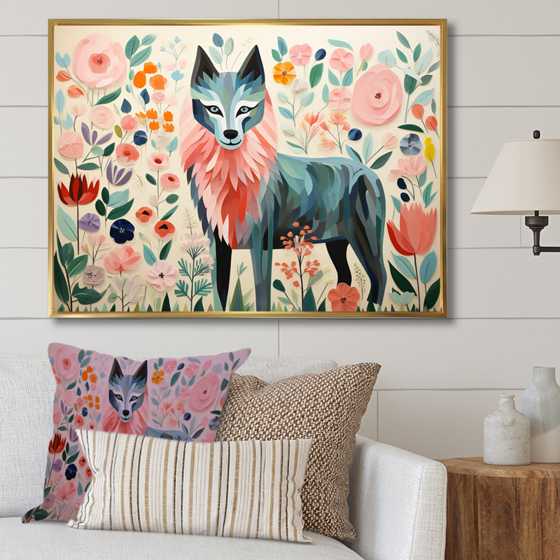 Rose et vert Boho Portrait VI - loup, art mural, H 34 po x l 44 po x P 1,5 po, Cadre flottant doré