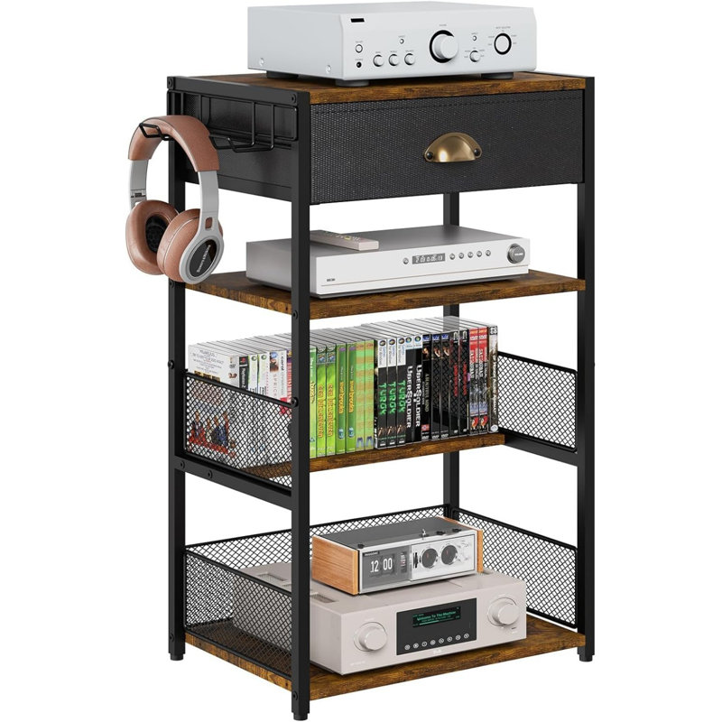 4-Tier AV Media Stand With Drawer, Video Game Console Shelf With 2 Hooks, Audio Rack Tower Perfect For/Xbox/ PS5/Switch/Game Consoles/DVD/Record Player/Projector/Sky Box/TV Accessories
