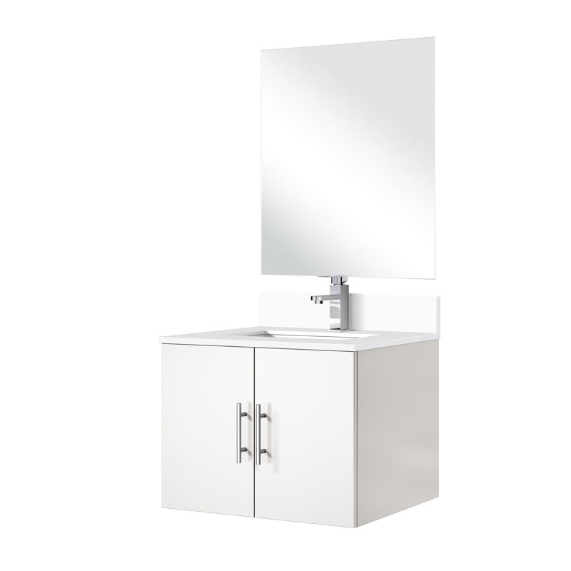 Meuble-lavabo blanc lustré 61 cm (L) x 56 cm (P) avec comptoir en quartz, miroir et robinet - Résistant aux égratignures et aux taches