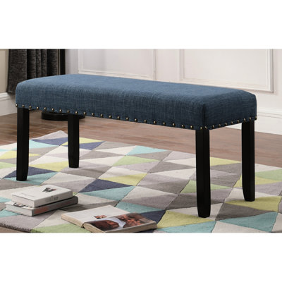 Banc de salle à manger avec siège en tissu bleu et garniture cloutée captivante - structure en bois, lin et coton, l 44 po x P 16,5 po H 19 po, fabrication intrigante, revêtement en coton fin