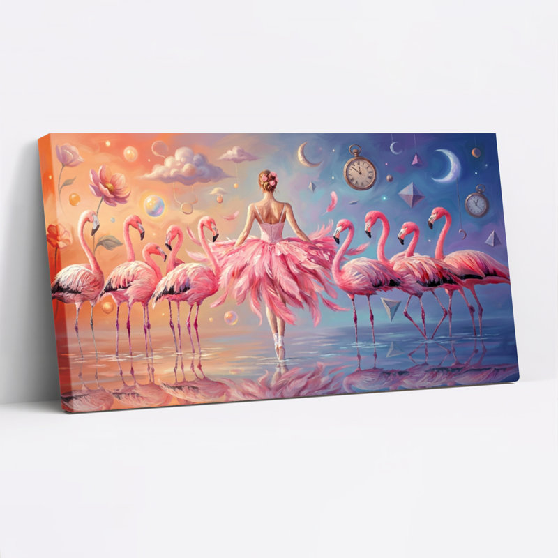 Ensemble de 1 tableau sur toile tendue représentant une danseuse de ballet flamant rose, H 24 po x l 48 po