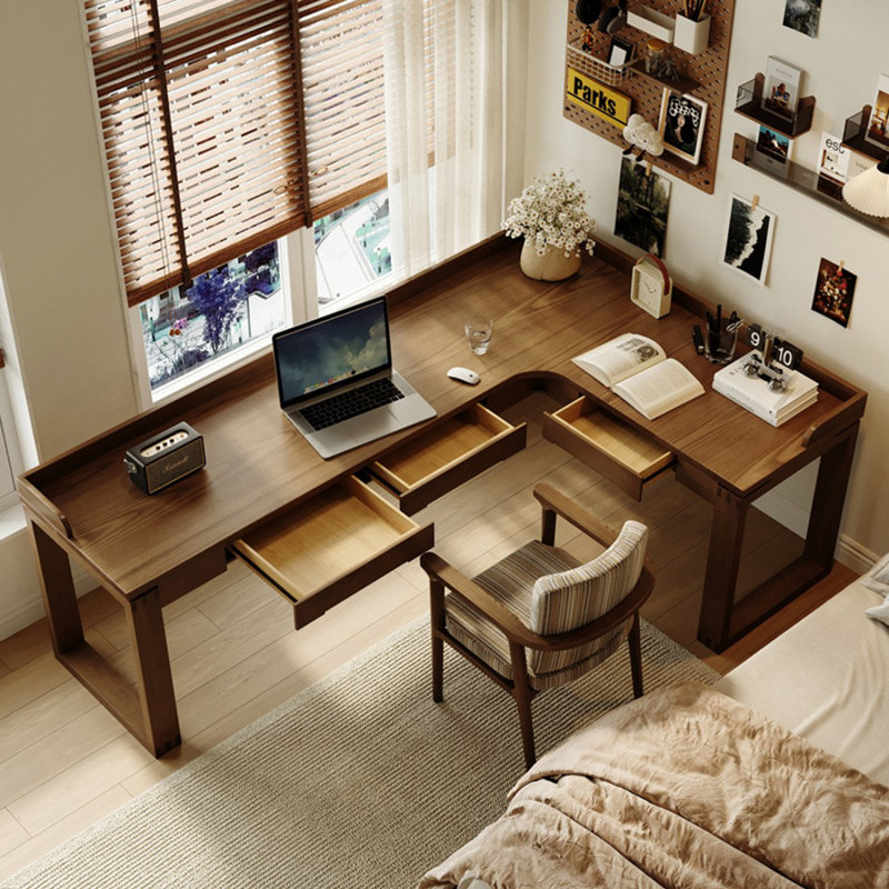 Bureau d'écriture rectangulaire en bois massif avec tiroirs Nut-brown, H 29,53 po x l 70,87 po x P 47,24 po, Retour à droite