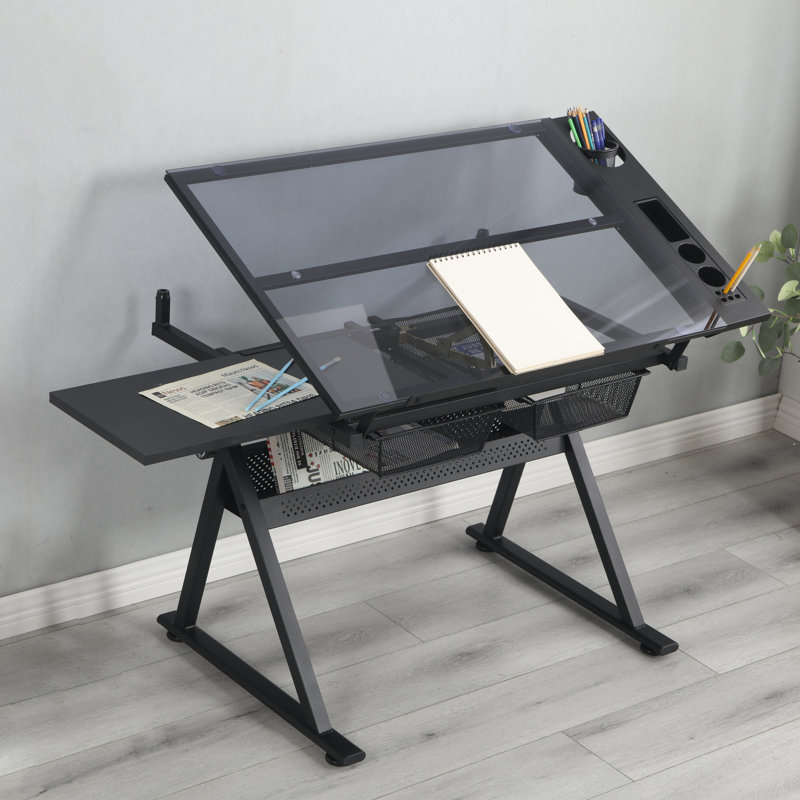 Latiffa Modern Glass Drafting Table Set With Adjustable Height And Ergonomic Chair