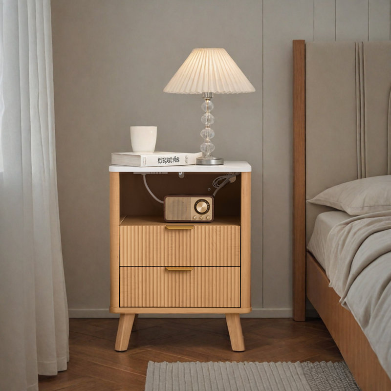 Fluted Nightstand With Charging Station And LED Lighting