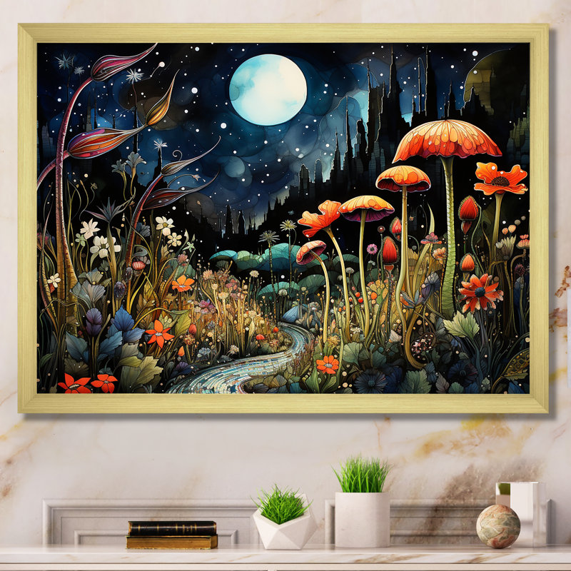 Fantasy Mushroom Daydream 1 - Abstract Landscape Wall Art, Gold Closed Corner Framed, 34" H x 44" W x 1.5" D