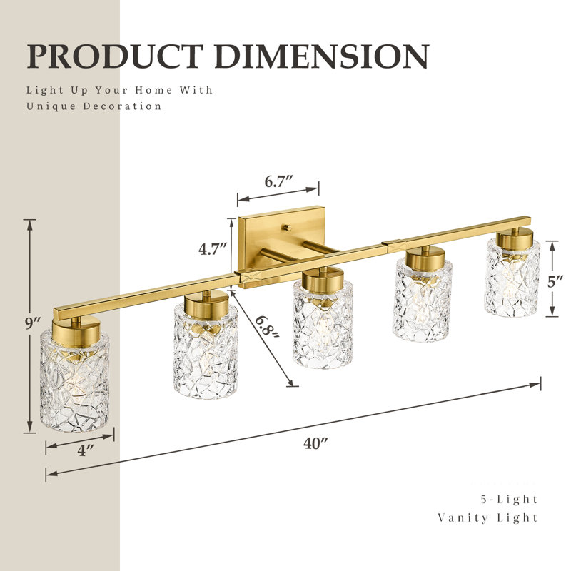 Luminaire de salle de bain à intensité variable, géométrique craquelé, H 9 po x l 40 po x P 6,80 po, Or brossé, 5