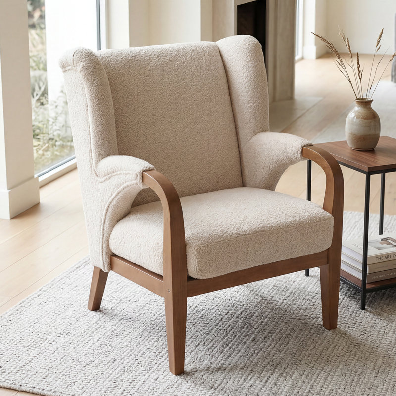 Mid-Century Modern Accent Chair, Upholstered Armchairs With Cushions, Faux Fur Oat