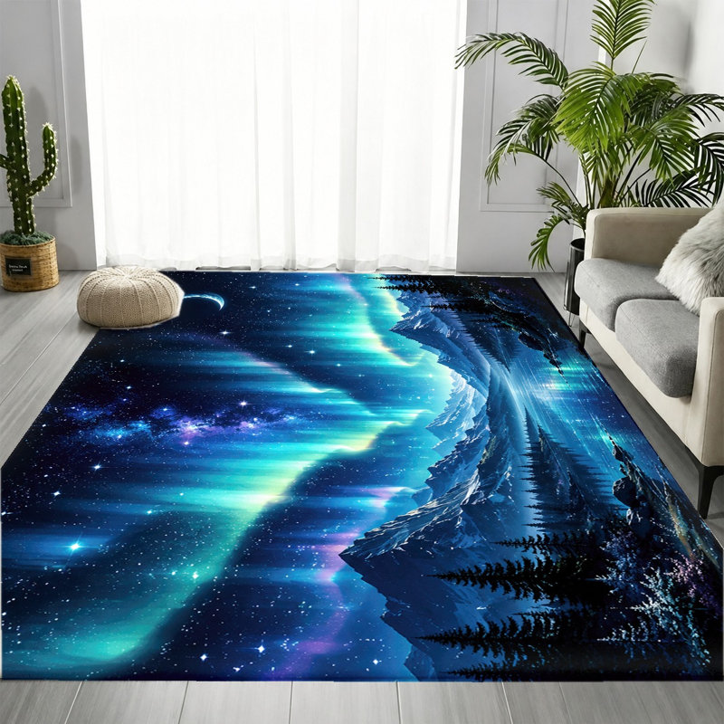 Tapis paysage de montagne aurores boréales, motif ciel étoilé, nuit réaliste, tapis de sol doux et antidérapant, décoration intérieure vivante pour salon, chambre, bureau, appartement