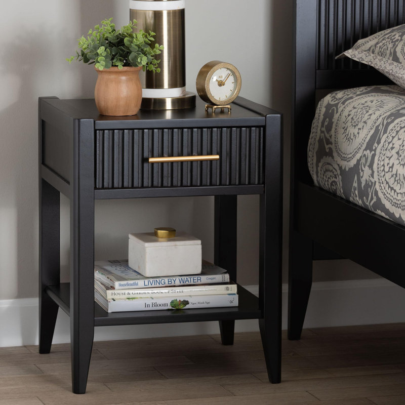 Wooley Mid-Century Fluted Wood 1-Drawer Nightstand, Black