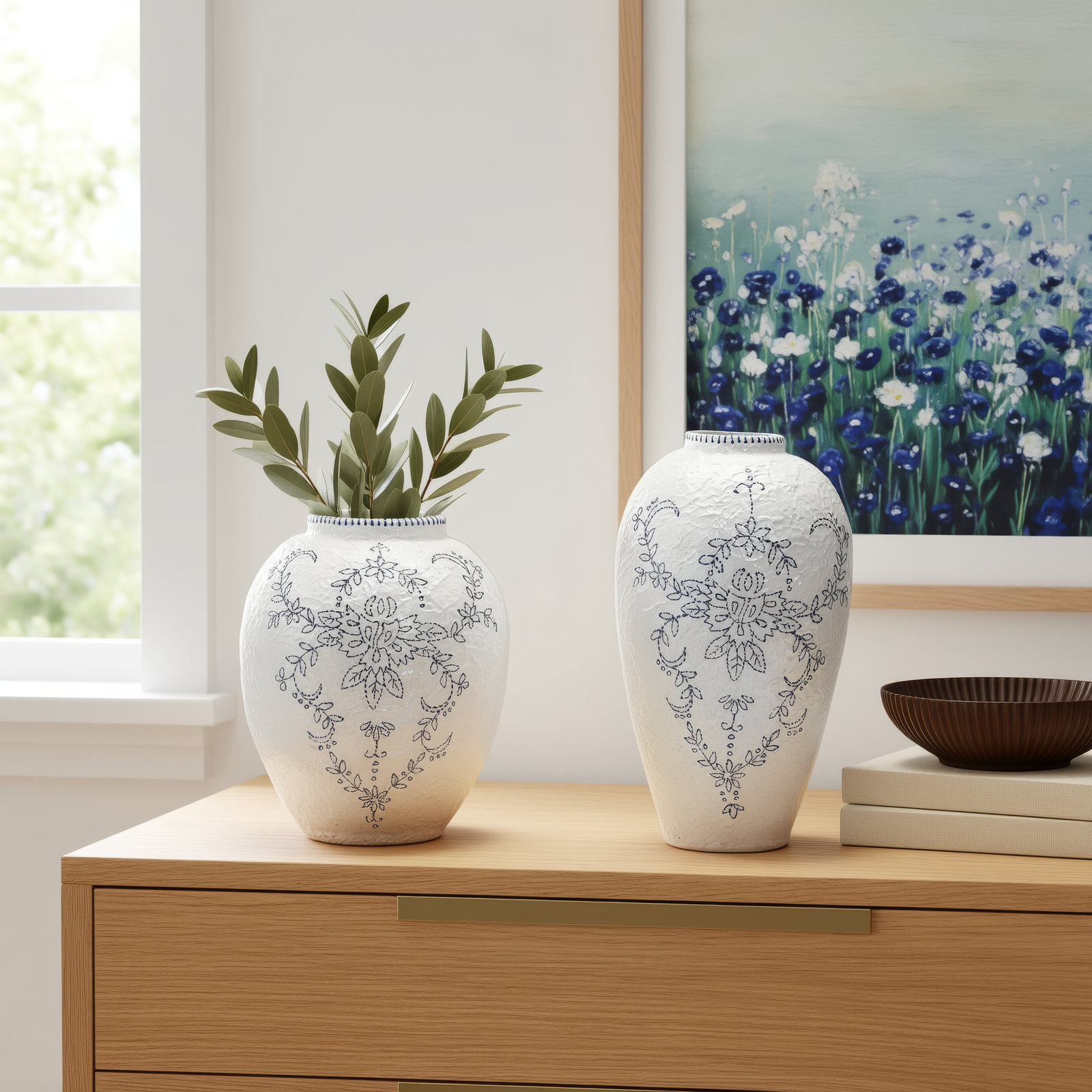 Set Of 2 Blue And White Vase