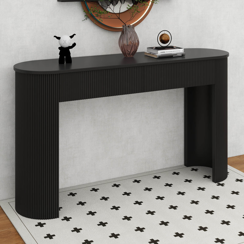 Modern Console Table With Fluted Design, Oval Top And 2 Drawers, Black