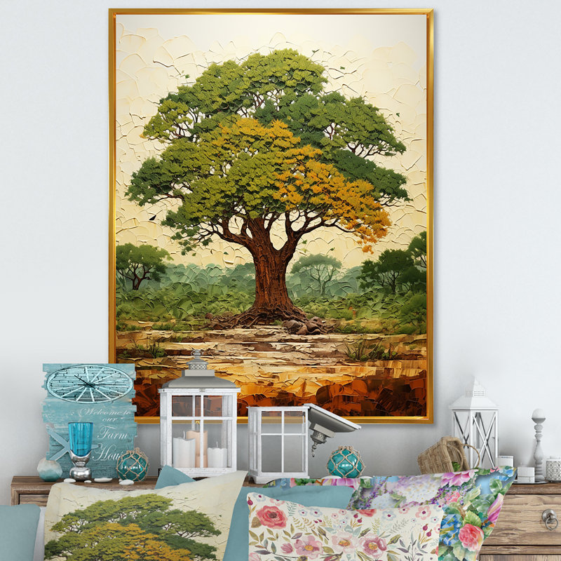 Arbre vert majestueux vert Baobab III - arbre, art mural africain, H 20 po x l 12 po x P 1 po, Cadre flottant doré
