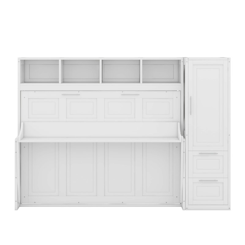 Lit escamotable double avec tiroirs et garde-robe, Blanc
