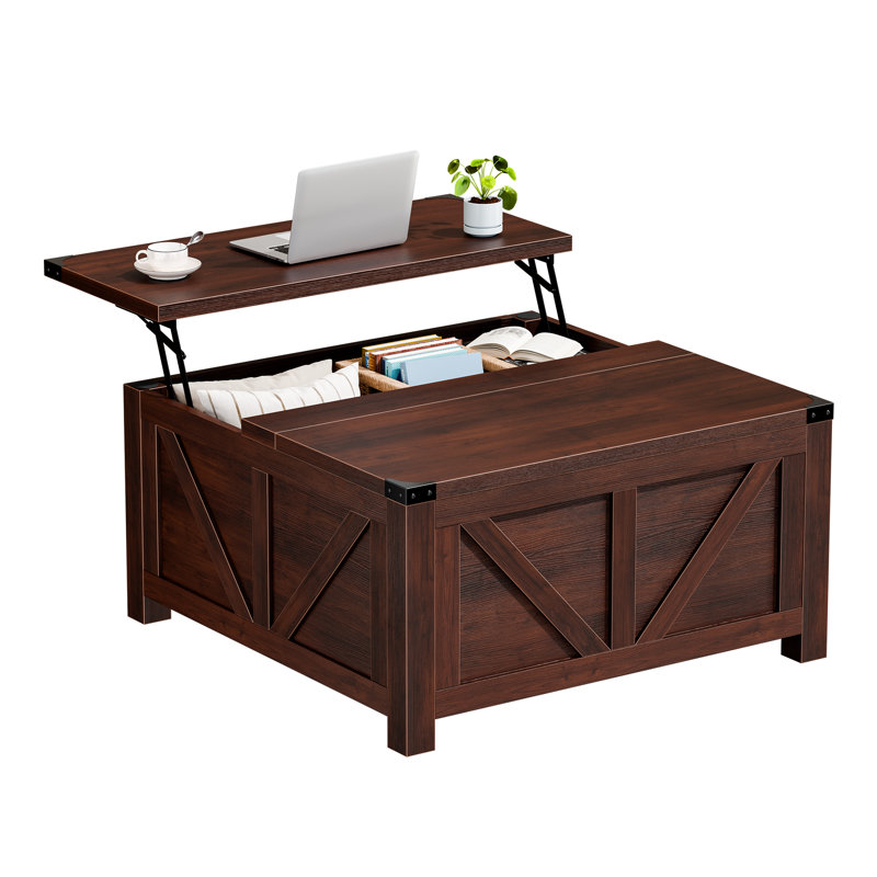 Table basse à plateau relevable carré de 35,6 po avec rangement rabattable et prise de courant intégrée, Brun
