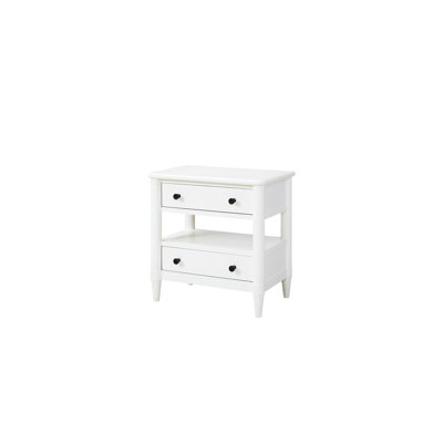 Table de chevet 2 tiroirs ouverte en blanc - Bois massif et construction, compartiment doublé en feutre