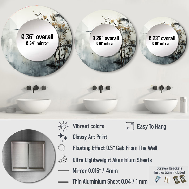 Asian Art Sumi Bird Serenity XVII - miroir asiatique unique, grand miroir mural rond gris, 36 po x 36 po