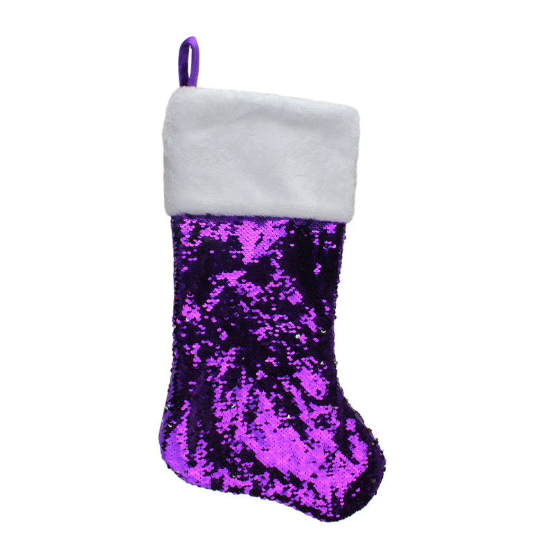 Chaussette de Noël réversible à paillettes, Mauve / argenté, H 22,75 po x l 10,75 po