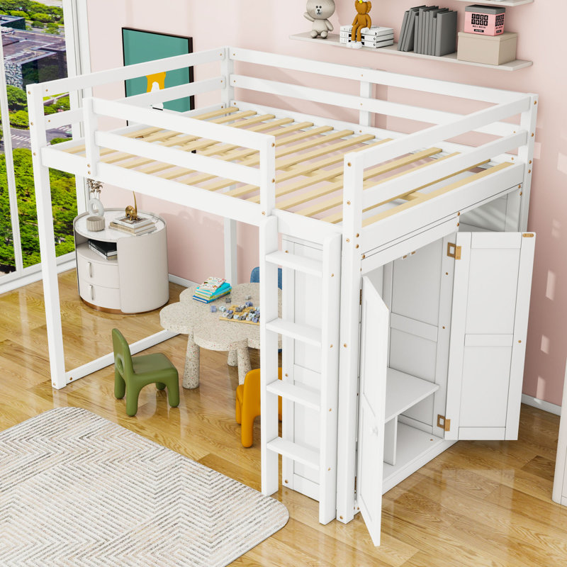 Lit mezzanine double en bois avec garde-robe intégré et tablettes et lumière DEL, Blanc