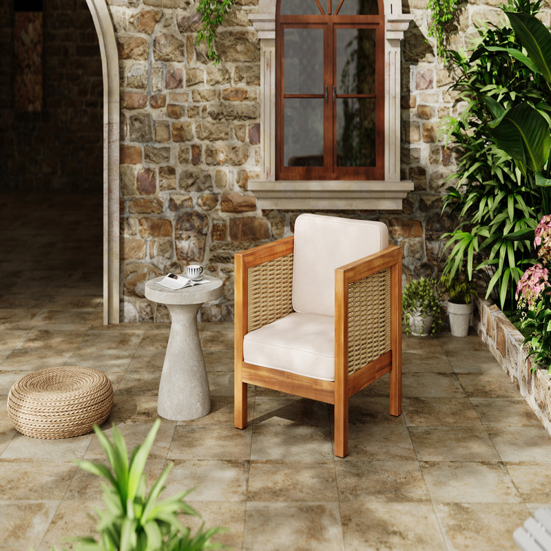 Acacia Wood Outdoor Club Chair With Wicker Armrest And Beige Cushions,400 Lbs Capacity