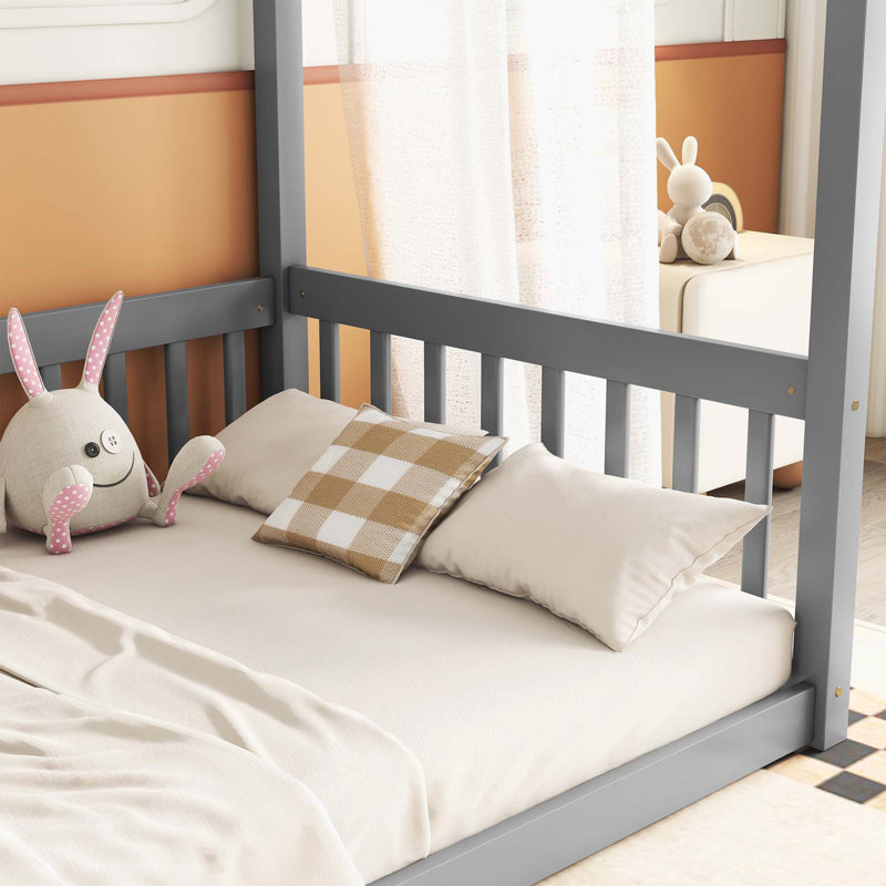 Full Size Canopy Frame Floor Bed With Fence, Guardrails, Twin, Grey