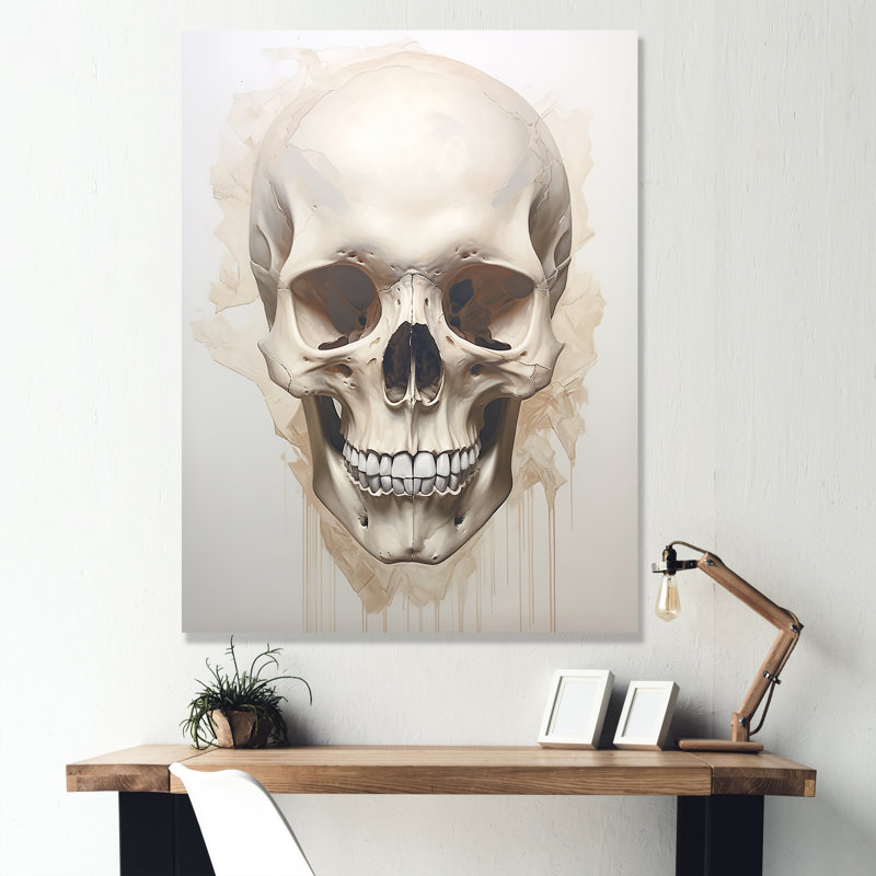 «Skeletal Elegance I», impressions sur toile de crâne, H 40 po x l 30 po, Encadrement doré