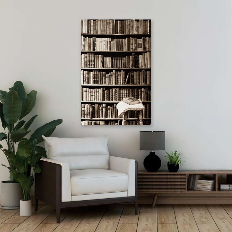 Bibliothèque, livres sur fond noir et blanc, H 36 po x l 24 po