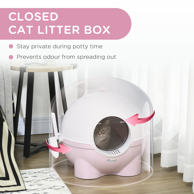 Large Pink and White Hooded Cat Litter Box with Scoop