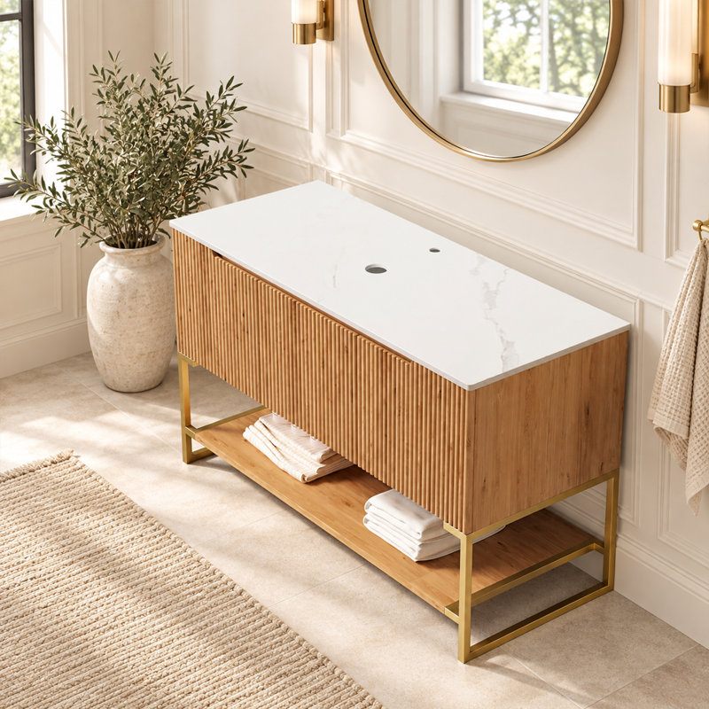 Base de meuble-lavabo 48 po, armoire de rangement autoportante avec 3 portes et tablette ouverte, sans lavabo inclus