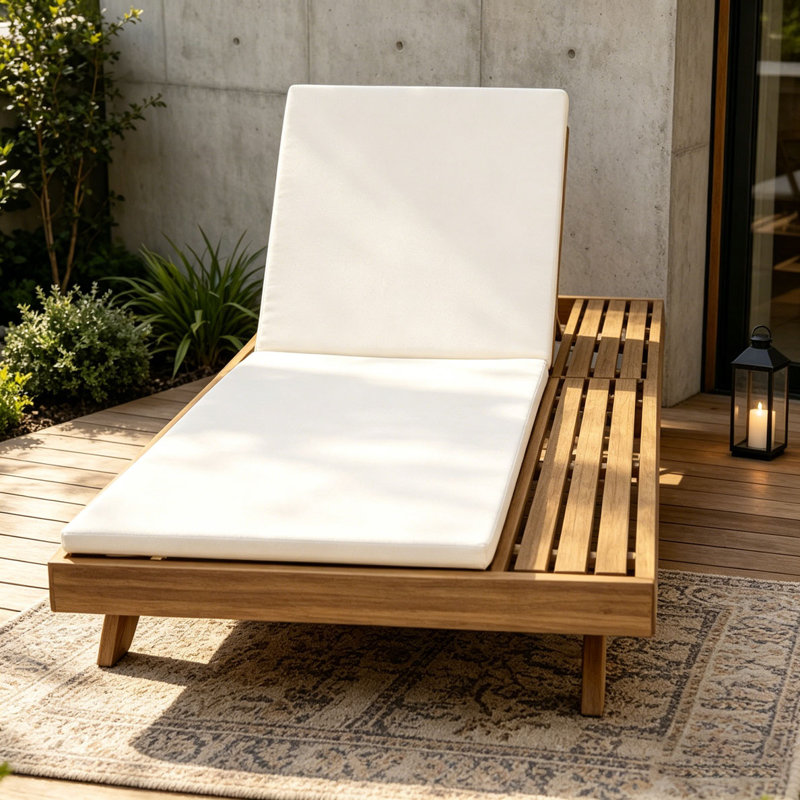 Acacia Wood Lounge Chaise With Water-Resistant Lounge Cushions, Cream & 2 Inch Thick