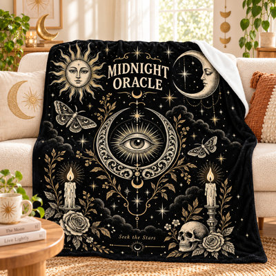 Black Gold Oracle Blanket, Celestial Flannel Throw with Eye, Crescent Moon, Moths, Roses and Candle Artwork for Couch, Bed, Reading Corner and Travel, 60 x 80 in