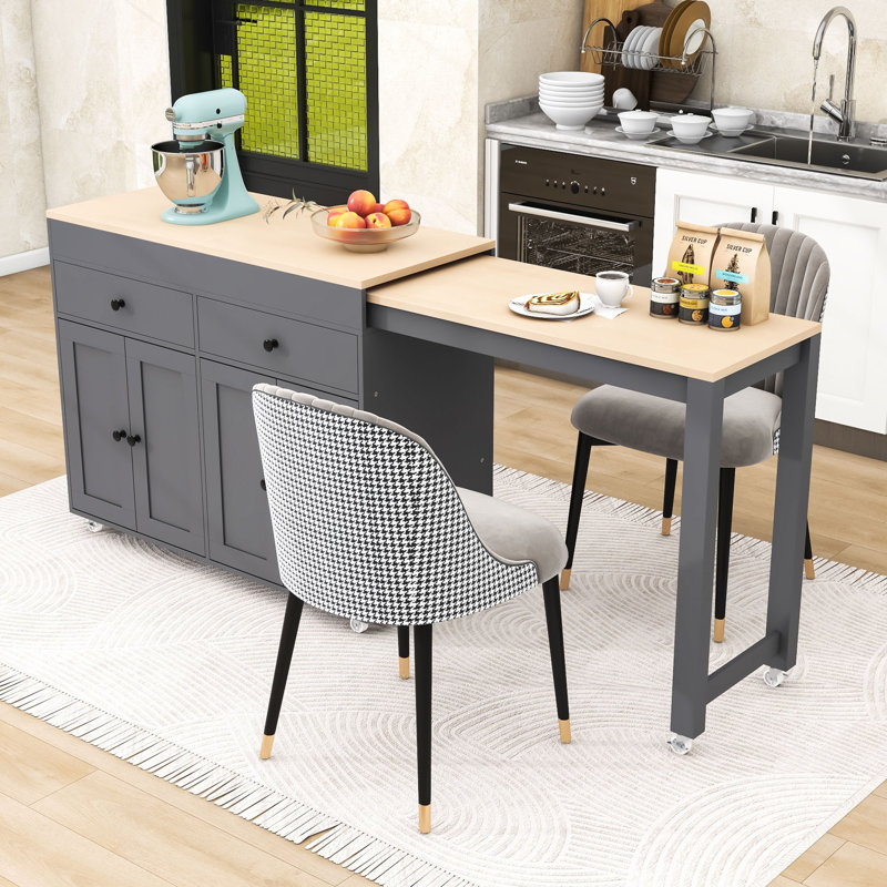 Limbrey Expandable Kitchen Island on Wheels with 2 Drawers and 2 Cabinets, Gray