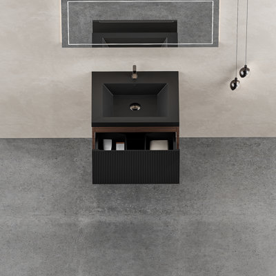 Meuble-lavabo flottant avec lavabo, meuble de rangement mural moderne avec tiroir à fermeture en douceur, idéal pour les salles de bain compactes et fonctionnelles.