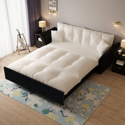 74.8" Queen Pull Out Sofa Bed - 3-in-1 Convertible Sleeper Tufted Sofa with 2 Soft Pillows, Multi-Functional Velvet Loveseat Bed by Latitude Run