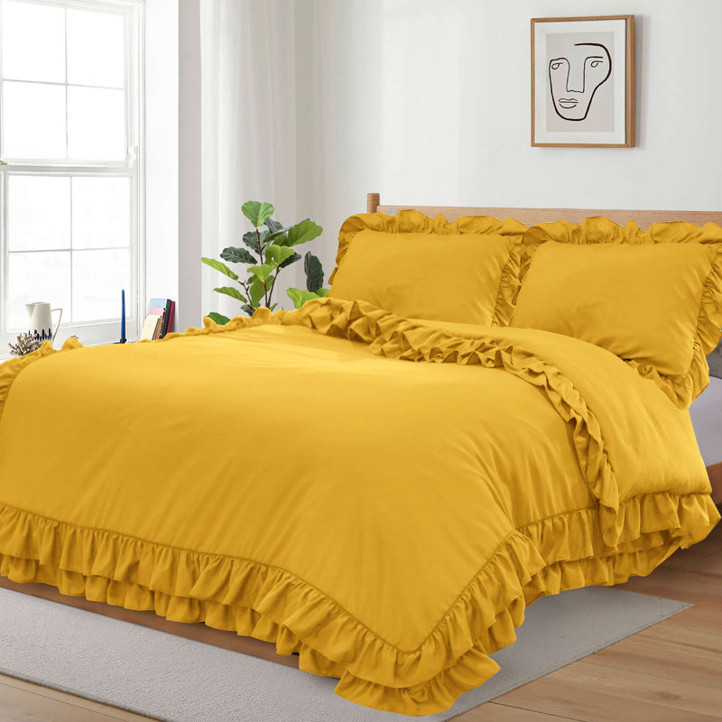 Leketha Microfiber Solid Colour Duvet Cover Set with Pillowcases Included, Double, Ochre