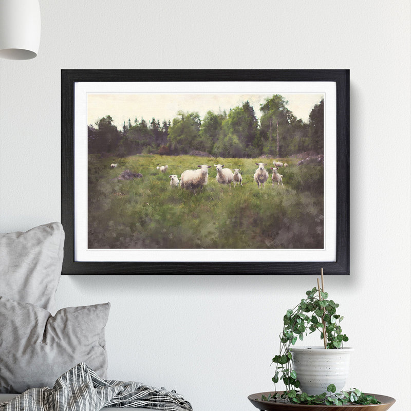 Curious Sheep - Picture Frame Painting, 27cm H x 36cm W x 2cm D, Black Framed