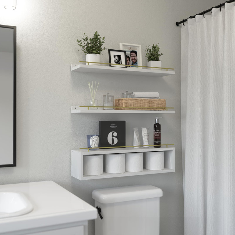 Floating Shelves For Wall 24 Inch With Cube Shelf, Wall Shelves With Metal Rail For Bathroom Decor, Bathroom Organizers And Storage, Over Toilet Shelves