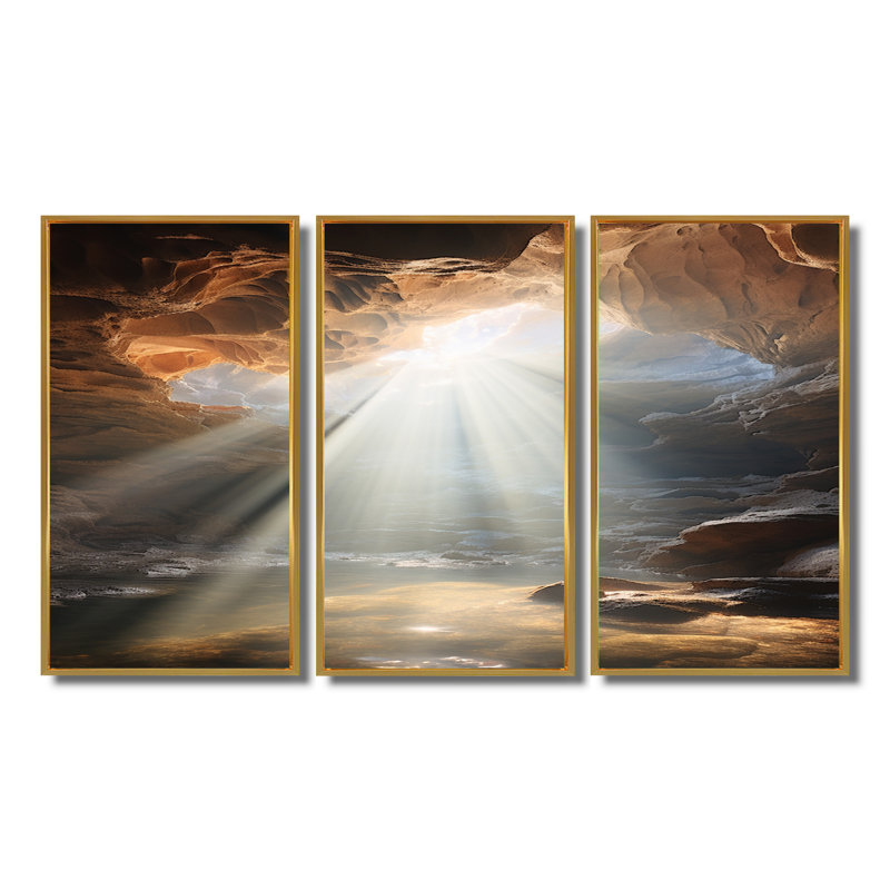 «God Rays Sunshine In The Cave By The Ocean», ensemble de salon Art mural, Cadre flottant doré, H 32 po x l 48 po x P 1 po