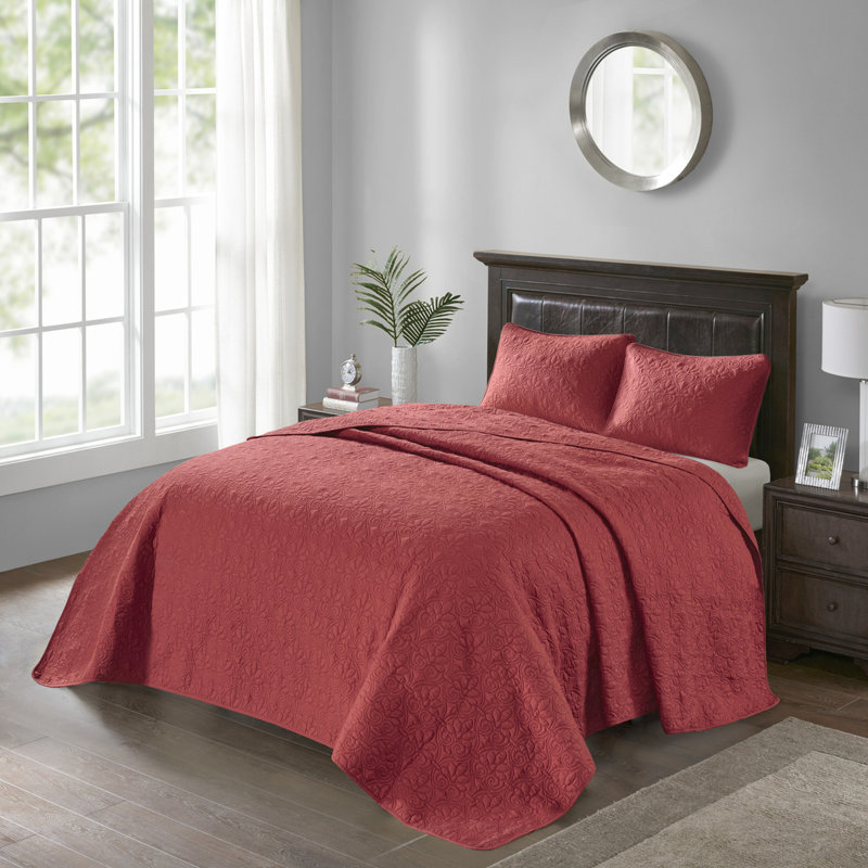 Couvre-lit réversible en rouge pour grand lit - Élégance matelassée, rembourrage en coton prélavé Délice surdimensionné et 2 taies décoratives Lavable Literie Beauté Confort Couverture idéale Machine incluse