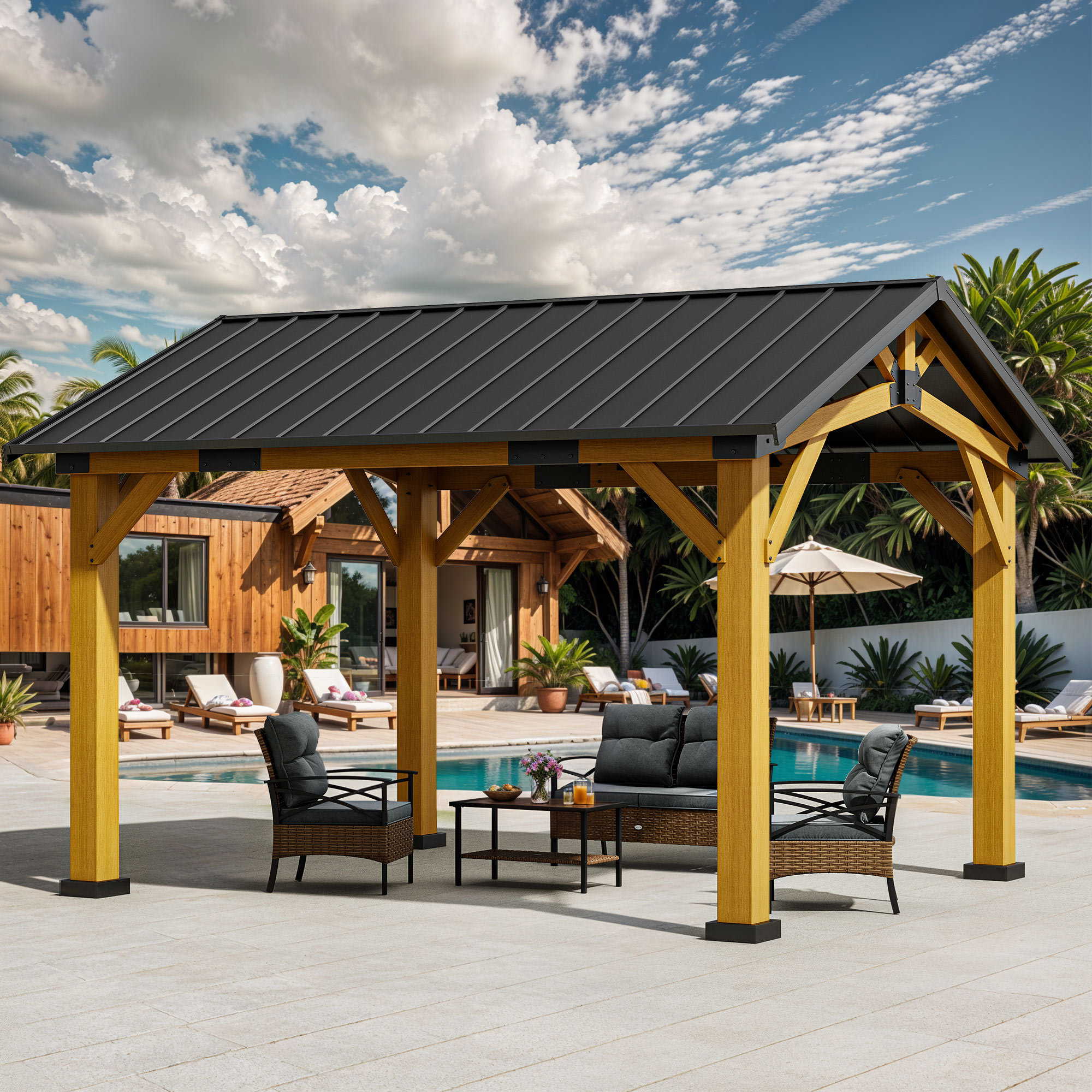 Edrosie Inc Wood Gazebo Canopy With Galvanized Steel Top Pavilion 