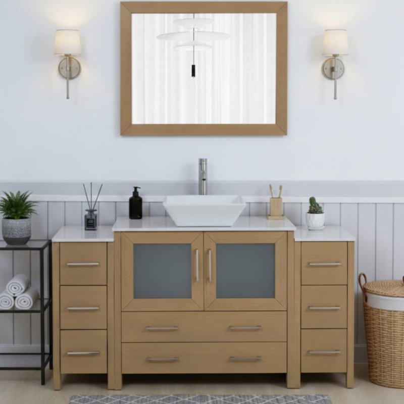 Ravenna 60" Freestanding Single Sink Bathroom Vanity with Engineered Marble Top and Matching Mirror, Natural Oak