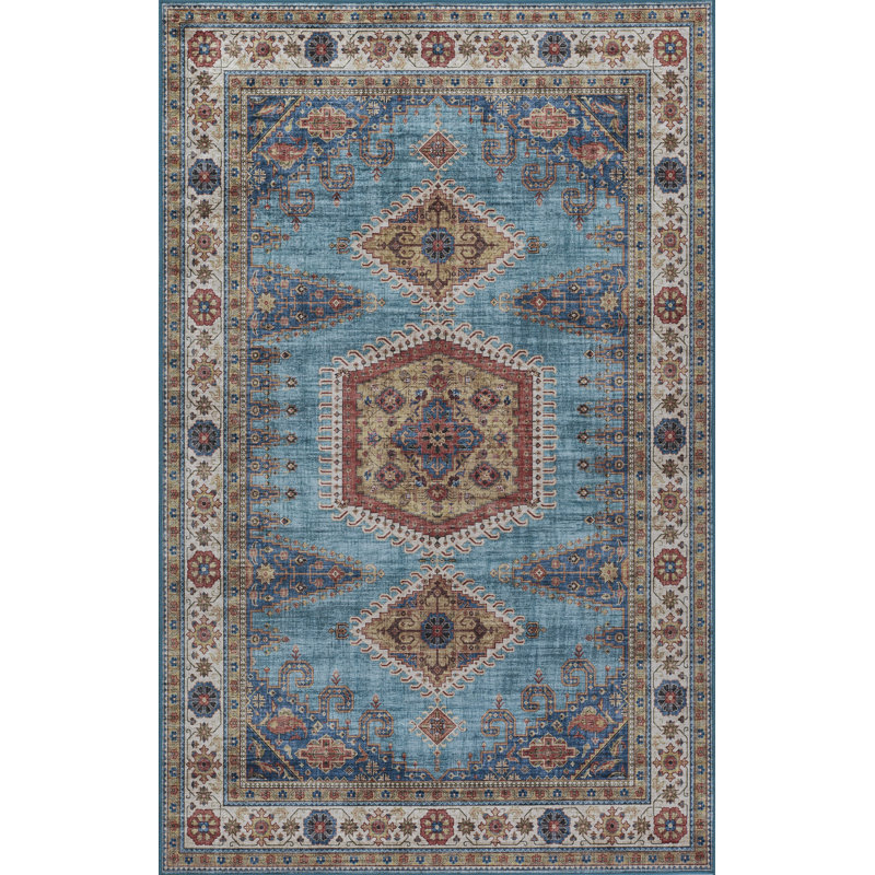 Tapis oriental en polyester tissé à la machine bleu / rouge / gris Avonmore, Rectangle 3 pi 6 po x 5 pi 6 po