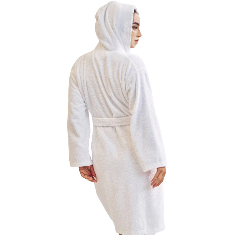 Peignoir mi-mollet 100% coton avec poches et capuche Seine, Taille unique, Blanc