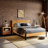Trapeze Modern Industrial Platform Bed Frame - Light Natural Finish with Smooth Pattern Headboard & Iron Legs-1233178870