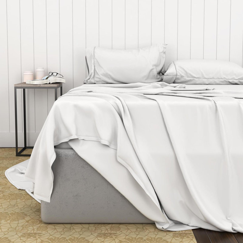 Draps en rayonne de bambou doux et lisses, Ensemble de draps pour très grand lit + 6 pièces, Blanc